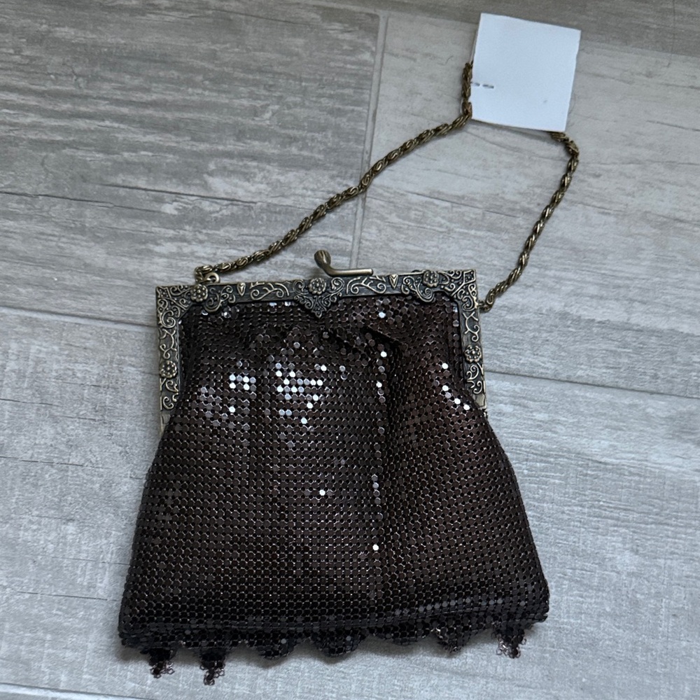 Vintage Brown mesh Clutch with brass/Gold Chain